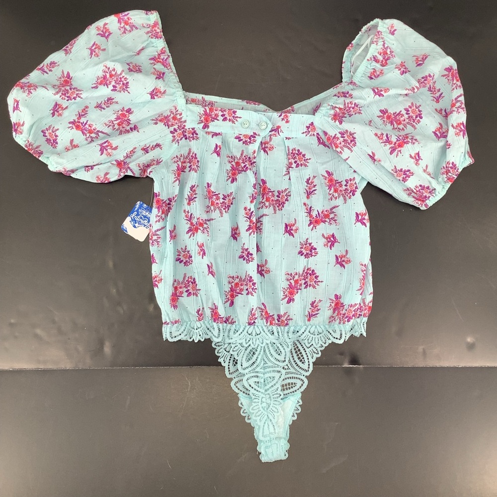 Free People Blue Pink Angela Floral Print Lace Bodysuit Off Shoulder Small - Picture 2 of 15